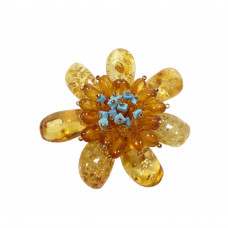 Брошь из балтийского янтаря, бисера с бирюзовыми вставками