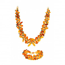 Комплект из натурального янтаря, бисера и бирюзы: колье, браслет