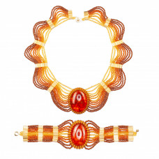 Комплект из янтаря с бисером в виде волны: колье, браслет