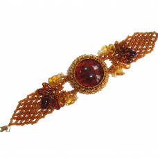 Крупный плетеный браслет из бисера и натурального янтаря