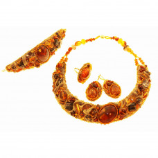 Необычный комплект из янтаря, бисера, стеклянных бусин и натуральной кожи: колье, браслет, серьги, кольцо Необычный комплект из янтаря, бисера, стеклянных бусин и натуральной кожи: колье, браслет, серьги, кольцо