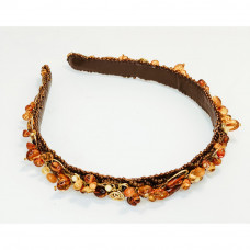 Ободок для волос из янтаря, бисера и натуральной кожи