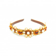 Ободок для волос из янтаря, жемчуга, бисера и натуральной кожи