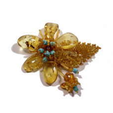 Роскошная брошь в форме цветка из балтийского янтаря с бисером