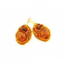 Серьги из балтийского янтаря, бисера, натуральной кожи и ювелирного сплава