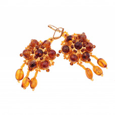 Серьги из натурального янтаря, бисера, ювелирного сплава
