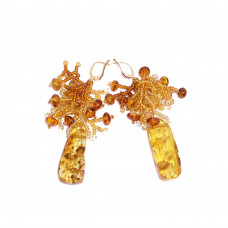 Серьги из натурального янтаря с кисточками из бисера