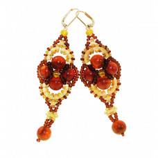 Удлиненные серьги из натурального янтаря, бисера и ювелирного сплава