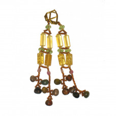 Удлиненные серьги натурального янтаря и бисера в желто-зеленых тонах