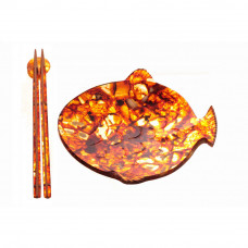 Янтарная тарелка Рыбка с палочками для еды из янтаря